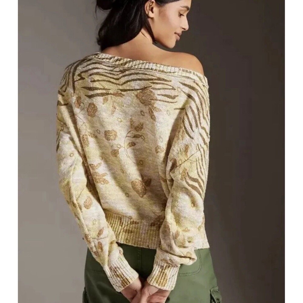 Pilcro Anthropologie Yellow Floral Print Size Small Ribbed Cuff Pullover Sweater